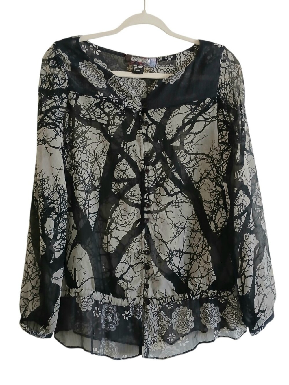 Desigual Sheer Long Sleeve Abstract Branches Top S Black Cream Whimsigoth Logo